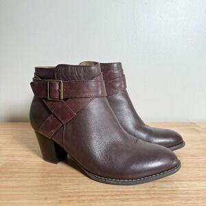Vionic Trinity Leather Ankle Boots Size 8 Brown Strap Buckle Block Heel Comfort